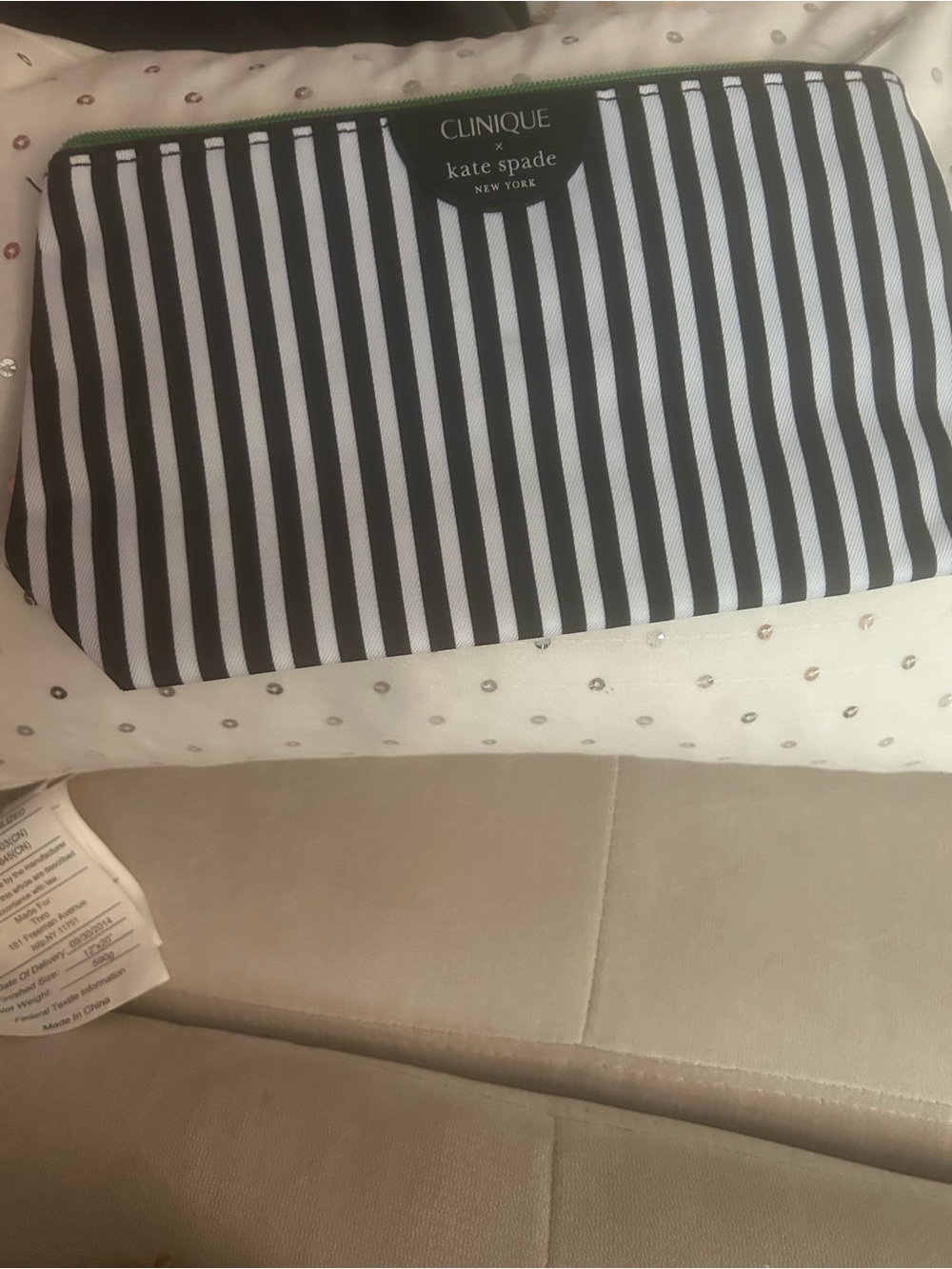 kate spade Black and White Striped Cosmetic Pouch with Green Zip